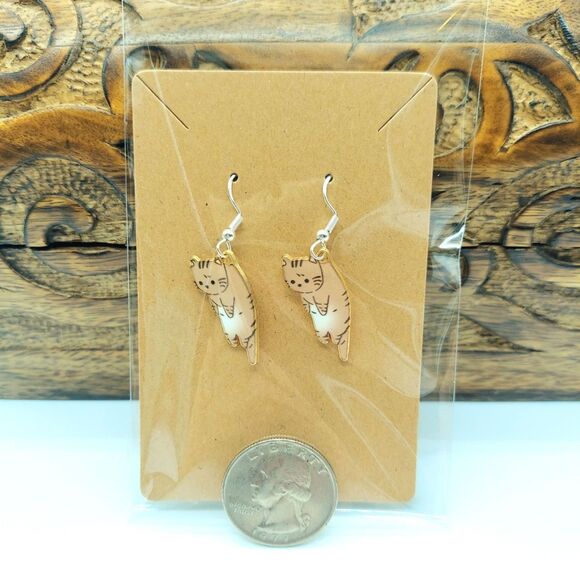 Cute Brown Tabby Cat Earrings Anime Kawaii Kitty - Picture 2 of 2